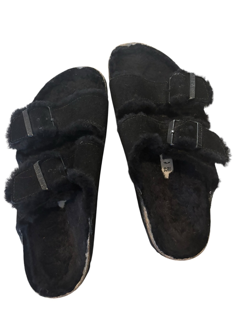 Birkenstock Women's Black Faux-Fur Double Buckle Slides - Picture 1 of 8